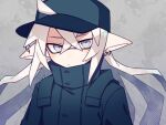  1boy baseball_cap black_headwear black_jacket closed_mouth commentary crossed_bangs earrings grey_background grey_eyes hat inkling inkling_boy inuowour jacket jewelry long_hair looking_at_viewer male_focus pointy_ears solo splatoon_(series) symbol-only_commentary white_hair 