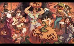  2025 4boys 4girls absurdres ancient_greek_clothes autumn_leaves bare_shoulders black_hair blue_eyes blunt_ends blunt_sidelocks brown_hair buttons closed_eyes cosplay curvy dark-skinned_female dark_skin denim detached_sleeves diana_venicia dreadlocks dress drill_hair earrings eloise_taulner estelle_bright estelle_bright_(cosplay) glitter gold_tattoo greco-roman_clothes hair_ornament hair_slicked_back halloween highres holding jacket jean_delamer jeans jett_dawson jewelry kasane_teto kasane_teto_(cosplay) kayura_toshiko komatsuzaki_rui_(style) laurel_crown leaf long_hair long_sleeves mark_berskii mel_(league) mel_(league)_(cosplay) multiple_boys multiple_girls necktie official_art open_clothes open_jacket pants parted_hair pink_eyes pink_hair project:_eden's_garden pumpkin saul_goodman saul_goodman_(cosplay) shirt sidelocks sitting skirt smile suit twin_drills twintails upper_body very_long_hair wenona_(project:_eden's_garden) wolfgang_akire 