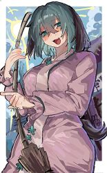  1girl aged_up animal_ears bamboo_broom blue_sky blush broom commentary_request day dog_ears dog_girl dog_tail dress green_eyes green_hair hair_between_eyes holding holding_broom kasodani_kyouko long_sleeves looking_at_viewer medium_hair open_mouth pink_dress sky smile solo sun tail touhou yukine_0930 