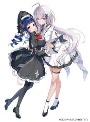  2025 2girls ahoge ankle_socks black_dress black_pantyhose black_shoes blue_eyes blue_hair bow bowtie commentary copyright_logo copyright_notice dizzy_dokuro dress dress_bow drill_hair ember_amane english_commentary frilled_dress frills hair_ornament headdress high_collar holding_hands logo long_hair long_sleeves looking_at_viewer multicolored_hair multiple_girls official_art pantyhose phase_connect pink_streaks pointy_ears red_eyes renian shoes simple_background socks standing streaked_hair striped_bow striped_bowtie striped_clothes thigh_strap twin_drills white_background white_dress white_hair white_socks 