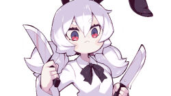  1girl amissio animal_ears black_bow blush blush_stickers bow closed_mouth collared_dress commentary dress english_commentary eyelashes hair_between_eyes holding holding_knife knife long_hair long_sleeves multicolored_eyes noz_(amissio) parororo pixel_art rabbit_ears rabbit_girl solo thick_eyebrows tokoyo_tower_of_perpetuity twintails two-tone_eyes upper_body white_dress white_hair 
