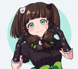  1girl :3 bird_hair_ornament black_gloves bow brown_hair danganronpa_another enoshima_junko frilled_gloves frills front_ponytail gloves green_eyes hair_ornament hands_up highres long_hair maudrss nervous nijiue_iroha short_sleeves super_danganronpa_another_2 sweat twintails upper_body 