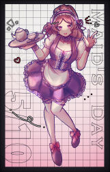  1girl absurdres apron black_dress brown_eyes brown_hair collarbone commentary_request cup danganronpa_another danganronpa_another:_another_despair_academy dress english_text frills full_body highres holding holding_plate long_hair maid maid_apron maid_headdress plate ponytail puffy_short_sleeves puffy_sleeves ribbon shirt shoes short_sleeves smile solo srm_d_r129 taira_akane teacup thigh-highs white_shirt white_thighhighs 