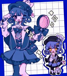  1girl :d ;d absurdres asymmetrical_legwear bag bird_hat_ornament black_bag black_bow black_bowtie black_capelet black_hat black_pantyhose black_shoes blue_border blue_hair blue_necktie blue_skirt blush_stickers border bow bowtie braid braided_hair_rings capelet chibi chibi_inset collared_shirt commentary_request cowboy_shot deerstalker footwear_bow frilled_skirt frilled_socks frills grey_vest grid_background hair_bow hair_rings hand_on_own_chin hat hat_bow highres holding holding_magnifying_glass layered_skirt long_sleeves looking_at_viewer magnifying_glass mahou_shoujo_no_majo_saiban necktie one_eye_closed open_mouth pantyhose shirt shoes short_hair single_leg_pantyhose skirt smile socks solo_focus sparkle tachibana_sherry vest white_background white_bow white_shirt white_socks yawao_o yellow_eyes 
