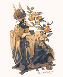  1boy artist_name bandaged_ankle bandaged_horn braid braided_ponytail commentary_request dark-skinned_male dark_skin earrings floating_earrings flower highres horns ice_god_(jimini_shijimi) instagram_username jewelry jimini_shijimi long_hair long_sleeves original pointy_ears shirt shrine simple_background single_earring skeb_username sleeveless solo stirrup_legwear tail tail_wrap toeless_legwear turtleneck turtleneck_shirt twitter_username white_background 