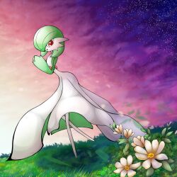  1girl arched_back bob_cut clouds colored_skin commentary_request dutch_angle flat_chest flower from_side full_body gardevoir gradient_sky grass green_hair green_skin hair_over_one_eye hands_up happy highres leg_up looking_down looking_to_the_side multicolored_skin nanairo_(pixiv_116811856) no_feet one_eye_covered open_mouth outdoors own_hands_together pokemon pokemon_(creature) purple_sky red_eyes short_hair sky smile solo standing standing_on_one_leg sunset two-tone_skin white_flower white_skin 