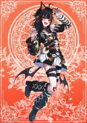  1girl :d ahoge animal_ear_headphones animal_ears arm_belt asymmetrical_legwear asymmetrical_sleeves bandaid bandaid_on_leg bare_shoulders bat_wings belt belt_collar black_choker black_hair black_nails black_shoes black_sweater cat_ear_headphones cat_ears choker claw_pose collar commentary_request cross-laced_clothes cross-laced_dress dress eyeball_hair_ornament fake_animal_ears full_body headphones highres layered_dress leg_belt long_sleeves looking_at_viewer loose_socks mahou_shoujo_no_majo_saiban multicolored_hair nail_polish nyozuki_(trid) off-shoulder_sweater off_shoulder open_mouth orange_background orange_eyes orange_nails orange_streaks sawatari_coco sharp_teeth shirt shoes short_hair single_thighhigh skirt skull slit_pupils smile socks solo streaked_hair striped_clothes striped_sleeves striped_thighhighs stuffed_animal stuffed_cat stuffed_toy sweater teeth thigh-highs upper_teeth_only white_shirt white_skirt wings 