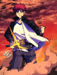 1boy absurdres artist_name black_jacket can3ko emiya_shirou english_text fate/stay_night fate_(series) highres jacket kamen_rider kamen_rider_saber_(series) magic_circuit male_focus messy_hair multicolored_jacket open_clothes open_jacket orange_hair shirt signature solo spiky_hair t-shirt white_jacket 
