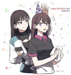  2girls akni apron bang_dream! bang_dream!_it's_mygo!!!!! black_hair black_shirt brown_eyes brown_hair commentary cup dated happy_birthday hat hayashi_coco long_hair mole mole_under_eye multiple_girls open_mouth party_hat real_life shiina_taki shirt short_sleeves simple_background untranslatable_commentary violet_eyes voice_actor voice_actor_connection waist_apron white_apron white_background 