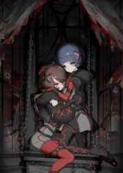  2girls absurdres armband arms_around_another's_back aru_(sinsekai) asu_(sinsekai) black_armband black_boots black_capelet black_gloves black_jacket blood blood_on_curtains blue_hair boots brown_hair capelet chain closed_mouth clothing_cutout commentary_request crack cracked_glass cross-laced_clothes cross-laced_sleeves curtains dress elbow_gloves facial_mark from_side gloves green_eyes grey_dress grey_shorts hair_ornament hand_on_another's_head hand_on_another's_shoulder head_hug head_tilt high-waist_shorts high_heel_boots high_heels highres hood hood_down hooded_capelet hug jacket kamitsubaki_studio kneeling long_hair long_sleeves looking_at_viewer mark_under_eye momori0118 multicolored_hair multiple_girls o-ring o-ring_thigh_strap on_swing pantyhose puffy_long_sleeves puffy_sleeves red_gloves red_pantyhose short_dress short_hair shorts shoulder_cutout sinsekai_record sitting sleeveless sleeveless_dress streaked_hair swing thigh_boots thigh_strap turning_head virtual_youtuber white_streaks wristband x_(symbol) x_facial_mark x_hair_ornament 