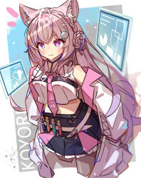  1girl :3 bare_shoulders black_skirt blue_background blush bright_pupils brown_hair closed_mouth commentary_request crop_top cropped_shirt double-parted_bangs frilled_skirt frills grey_pantyhose hair_between_eyes hakui_koyori highres hololive jacket long_hair long_sleeves miniskirt necktie off_shoulder open_clothes open_jacket outside_border pantyhose pink_necktie pleated_skirt shirt skirt sleeveless sleeveless_shirt sleeves_past_fingers sleeves_past_wrists solo test_tube tetenka violet_eyes white_jacket white_pupils white_shirt 