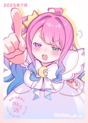 1girl ahoge alternate_costume annoyed blush breasts commentary_request cowboy_shot crescent crown dated dress drop_shadow gradient_hair green_eyes hand_on_own_hip heterochromia himemori_luna hololive large_breasts leaning_forward long_hair looking_at_viewer multicolored_hair nurumayu open_mouth pink_hair puff_of_air simple_background solo twitter_username violet_eyes virtual_youtuber watermark white_background white_dress wristband 