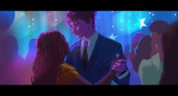  1boy 1girl annabeth_chase black_necktie blush collared_shirt commentary dancing dark-skinned_female dark_skin eye_contact galaxyspeaking half_updo holding_hands indoors letterboxed long_hair looking_at_another necktie people percy_jackson percy_jackson_and_the_olympians shirt short_hair suit white_shirt 