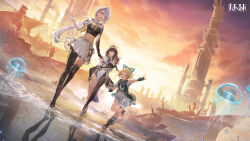  3girls :d ^_^ annata_(rewinding_cadence) aqua_bow arm_up bag black_boots black_eyes black_gloves black_hair black_pantyhose black_shirt black_shoes blonde_hair book boots bow braid brown_bag brown_boots chinese_commentary cleavage_cutout closed_eyes clothing_cutout coat commentary_request copyright_name copyright_notice cropped_shirt dress dutch_angle fingerless_gloves gloves gradient_sky grey_eyes hair_bow hat highres holding holding_book jellyfish leg_up logo long_dress long_hair low-braided_long_hair low-tied_long_hair low_ponytail miniskirt multiple_girls navel official_art official_wallpaper open-toe_boots open_book open_mouth orange_sky outdoors pantyhose pata_(rewinding_cadence) pelvic_curtain ponytail puffy_short_sleeves puffy_sleeves purple_sky recursor_(rewinding_cadence) rewinding_cadence shirt shoes short_dress short_sleeves shorts_under_dress single_leg_pantyhose single_thigh_boot skirt sky sleeveless sleeveless_coat smile teeth thigh_boots tower upper_teeth_only walking water white_dress white_hair white_hat white_skirt white_sleeves yellow_sky 