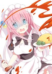  1girl black_ribbon blue_eyes bocchi_the_rock! breasts food gotoh_hitori highres ichiyo12 long_hair maid maid_headdress medium_breasts open_mouth pink_hair plate ribbon sauce sweat two-tone_dress upper_body white_background 