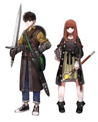  1boy 1girl arm_belt armor bag belt belt_buckle black_belt black_eyes black_hair black_jacket black_shirt black_shoes blue_pants book bright_pupils brown_belt brown_vest buckle closed_mouth collar collared_shirt commentary_request dress_shirt fantasy flat_chest full_body gauntlets green_bag hands_up holding holding_book holding_staff holding_sword holding_weapon jacket jun_(navigavi) leather_armor looking_at_viewer looking_to_the_side nose open_clothes open_jacket original pants plaid_clothes plaid_shirt puffy_sleeves red_eyes red_hair scabbard sheath shield shield_on_back shirt shoes short_hair simple_background skirt sneakers socks spiked_collar spikes staff standing sword unsheathed very_short_hair vest weapon white_background white_pupils white_socks yellow_shirt yellow_skirt 