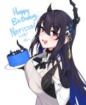  1girl absurdres adapted_costume apron asymmetrical_horns bare_shoulders birthday birthday_cake black_hair blue_hair blush breasts cake colored_inner_hair dasdokter dated demon_horns english_text food hair_ornament happy_birthday highres hololive hololive_english horns large_breasts long_hair looking_at_viewer mole mole_under_eye multicolored_hair multiple_girls nerissa_ravencroft red_eyes smile solo two-tone_hair uneven_horns virtual_youtuber 