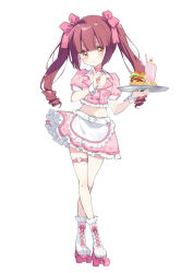 1girl apron blush breasts brown_hair choker commentary_request crop_top drill_hair frilled_skirt frills full_body hanazono_yurine holding holding_tray jashin-chan_dropkick long_hair looking_at_viewer orange_eyes roller_skates skates skirt small_breasts smile solo tray twin_drills waitress yukiwo 