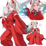  1girl archived_source bad_id bad_twitter_id blue_hair commentary cosplay earrings floating_hair green_hair hair_ornament hakama high_ponytail holding holding_sword holding_weapon horns inuyasha inuyasha_(character) inuyasha_(character)_(cosplay) japanese_clothes jewelry joman kimono korean_commentary looking_at_viewer multicolored_hair multiple_views necklace one_piece ponytail profile red_hakama red_horns red_kimono short_bangs sidelocks smile solo squatting standing sword weapon white_hair yamato_(one_piece) yellow_eyes 