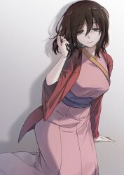  1girl absurdres breasts brown_hair chinese_clothes hanfu highres kneeling large_breasts legend_of_mortal original playing_with_own_hair red_hanfu smile xiao_jian xinru 