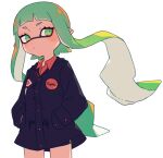  1girl badge black_coat button_badge buttons closed_mouth coat collared_shirt commentary eyelashes green_eyes green_hair hands_in_pockets inkling inkling_girl inuowour long_hair pointy_ears red_shirt shirt simple_background solo splatoon_(series) symbol-only_commentary very_long_hair white_background 