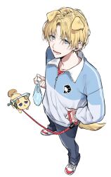  1boy :d animal_ears bag blonde_hair blue_eyes blue_jacket blue_pants commentary_request copyright_request dog dog_boy dog_ears dog_tail holding holding_bag holding_leash jacket leash lower_teeth_only male_focus nakayama_miyuki open_mouth pants plastic_bag shoes smile sneakers sword tail teeth track_jacket weapon 