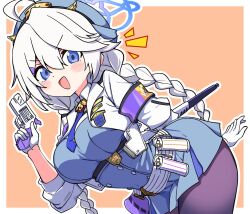  1girl ahoge armband blue_archive blue_eyes blue_halo braid breasts commentary_request halo hat kirino_(blue_archive) kredorf long_hair looking_at_viewer open_mouth pantyhose police police_hat police_uniform policewoman purple_armband purple_halo purple_pantyhose shirt smith_&amp;_wesson smith_&amp;_wesson_360 smoke_grenade smug solo twin_braids white_hair white_shirt 