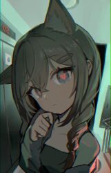  1girl absurdres animal_ear_fluff animal_ears black_camisole blush braid_over_shoulder camisole closed_mouth commentary grey_eyes grey_jacket hair_between_eyes hair_ornament hairclip hand_up heart heart-shaped_pupils highres indie_virtual_youtuber indoors jacket long_hair looking_at_viewer open_clothes open_jacket red_pupils seorang seorang_(vtuber) single_bare_shoulder solo symbol-shaped_pupils untranslatable_commentary upper_body 