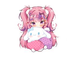  1girl bandaid bandaid_hair_ornament blue_eyes blunt_bangs blush bone_hair_ornament button_hair_ornament candy_hair_ornament cinnamoroll commentary decora demon_girl demon_horns english_commentary facial_mark food-themed_hair_ornament fuwa_fuwa_cinnamoroll hair_ornament hair_scrunchie heart heart_facial_mark highres horns ironmouse lauwi lollipop_hair_ornament long_hair looking_at_viewer multicolored_hair pajamas pink_hair pink_pajamas purple_hair purple_pajamas purple_streaks sanrio scrunchie sparkle_hair_ornament star_(symbol) star_facial_mark strawberry_hair_ornament streaked_hair too_many_hair_ornaments twintails two-tone_pajamas violet_eyes virtual_youtuber vshojo white_background white_horns 