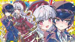  2girls :d androgynous averting_eyes beret black_thighhighs blue_eyes blue_hair blue_jacket blush border breasts buttons capelet clenched_hand collared_shirt commissioner_insert cowboy_shot dot_nose double-breasted four-pointed_star frilled_shirt_collar frilled_sleeves frills gold_trim hair_intakes hand_on_own_chest hand_up hat high-waist_skirt highres jacket kimmissionn lapels long_hair long_sidelocks long_sleeves looking_at_viewer multiple_girls multiple_views neck_ribbon necktie newsboy_cap notched_lapels oc_x_canon original outline outside_border pants parted_lips persona persona_4 pink_eyes plaid_clothes plaid_pants plaid_skirt red_capelet red_hat red_jacket red_necktie reverse_trap ribbon second-party_source shirogane_naoto shirt short_hair sidelocks simple_background skirt small_breasts smile thigh-highs very_long_hair white_hair white_shirt yellow_border yellow_outline 