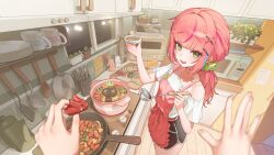  1girl 1other absurdres apron bandaid bandaid_on_shoulder black_shorts blurry blurry_foreground blush bowl butter cabinet coffee_mug commentary_request cooking cooking_pot cup cutting_board dolphin_shorts food food_request frilled_apron frills from_above from_side frying_pan green_eyes green_scrunchie hair_ornament hair_scrunchie hairclip hanako_nana hands_up highres holding holding_bowl holding_ladle indoors kitchen knife korean_commentary ladle long_hair looking_at_viewer looking_to_the_side low-tied_long_hair microwave mug multiple_hairclips musm0412 night off-shoulder_shirt off_shoulder open_mouth parallel_hairclips pink_apron pink_hair pov pov_hands scrunchie shirt short_shorts shorts single_bare_shoulder single_off_shoulder slice_of_life smile solo_focus spatula spoon stellive stove turning_head virtual_youtuber white_shirt window x_hair_ornament 