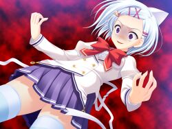  1girl animal_ears black_choker blue_hair blue_thighhighs bow bowtie buttons cat_ears cat_hair_ornament charlotte_vaasa choker collarbone constricted_pupils double-breasted dutch_angle facing_down from_below game_asset hair_ornament hairclip highres jacket juliet_sleeves lapels leaning_back long_sleeves miniskirt nanairo_kouro naruse_mamoru non-web_source open_mouth parted_bangs pleated_skirt puffy_sleeves purple_skirt red_bow red_bowtie ribbon school_uniform self-datamine shaded_face shirt short_hair skirt solo standing striped_clothes striped_thighhighs thigh-highs transparent_background violet_eyes white_jacket white_shirt x_hair_ornament zettai_ryouiki 