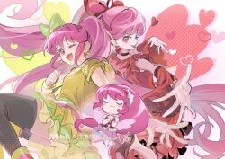  3girls aino_megumi black_thighhighs bow chibi chibi_inset cure_lovely cure_lovely_(cherry_flamenco) cure_lovely_(lollipop_hip_hop) dress hair_bow hair_ribbon happinesscharge_precure! highres long_hair looking_at_viewer magical_girl multiple_girls multiple_persona one_eye_closed pink_eyes pink_hair ponytail precure red_dress ribbon shipu_(gassyumaron) sidelocks smile thigh-highs twintails very_long_hair watermark yellow_dress zettai_ryouiki 