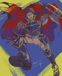  1boy armor attacking_viewer axe breastplate cape commentary_request dated fire_emblem fire_emblem:_the_blazing_blade from_below hector_(fire_emblem) highres holding holding_axe looking_at_viewer looking_down male_focus open_mouth red_cape smile sudadadachi 