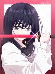  1girl akira_(tete-akira) black_hair cardigan colored_inner_hair commentary_request glowing glowing_sword glowing_weapon highres holding holding_sword holding_weapon katana long_hair looking_at_viewer lyrical_nanoha mahou_shoujo_lyrical_nanoha_exceeds:_gun_blaze_vengeance multicolored_hair red_hair school_uniform sidelocks solo sword weapon white_cardigan yorumi_towa 