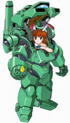  1girl absurdres animal_ears armor baby_animal bird bow bowtie chick commentary_request detached_collar fake_animal_ears highres looking_at_viewer matsuura_masafumi medium_hair playboy_bunny power_armor rabbit_ears red_eyes red_hair simple_background starship_troopers uchuu_no_senshi wrist_cuffs 