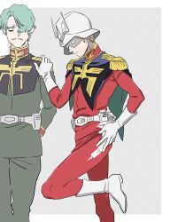  2boys blonde_hair boots challia_bull char_aznable commentary_request facial_hair gloves gundam gundam_gquuuuuux hair_over_one_eye hand_on_another's_shoulder helmet male_focus mrtoen multiple_boys mustache pants pencil_mustache short_hair simple_background torn_clothes torn_pants white_boots white_gloves 