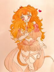  blush bonnibelle bonnibelle_amai bonnibelle_amai_(rebirth) bridal_gauntlets brown_eyes detached_collar frills hand_on_own_chest heart highres indie_virtual_youtuber jewelry leg_ribbon leg_up long_hair navel orange_hair painting_(medium) ribbon ring spoken_heart standing standing_on_one_leg stingray_girl stingray_tail traditional_media virtual_youtuber watercolor_(medium) 