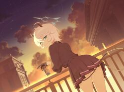  1girl absurdres against_railing ahoge arm_rest bare_legs black_gloves black_shirt black_skirt blue_archive blue_eyes building can closed_mouth clouds cowboy_shot demon_girl demon_horns demon_tail drink_can dutch_angle erika_(blue_archive) evening from_behind game_asset gloves hair_between_eyes half_gloves halo highres holding holding_can horns leaning_forward leaning_on_object looking_at_viewer looking_back miniskirt non-web_source official_art outdoors pleated_skirt railing red_trim ring_of_light_(blue_archive) self-datamine shirt short_hair sidelighting skirt sky sleeves_rolled_up smile soda_can solo sunset tail thighs warm_colors white_hair white_halo white_trim 