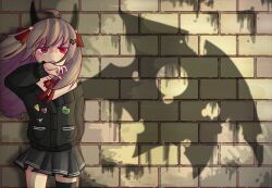  1girl ahoge android angel_with_a_shotgun animal_pin arms_behind_back asymmetrical_clothes asymmetrical_legwear bat_wings black_cardigan black_horns black_skirt black_sleeves black_sweater black_thighhighs blank_stare blush blush_stickers bow bowtie brick brick_wall broken_heart broken_heart_hair_ornament brown_hair bullet_hole cardigan cat_skull child choppy_bangs collared_shirt cropped_legs deadpan demon_girl demon_horns demon_wings diagonal_bangs drone empty_eyes evil_neuro-sama evil_neuro-sama_(1st_costume) eyelashes fake_horns fake_wings fang feet_out_of_frame food graffiti grasping hair_ornament hair_over_one_eye hair_ribbon hand_on_own_chin hand_on_own_face heart heart_hair_ornament highres holes horns light_blush long_hair long_sleeves looking_ahead looking_at_viewer multiple_hair_ribbons open_mouth pepperoni pepperoni_pizza pizza pizza_slice pleated_skirt pocket red_bow red_bowtie red_eyes red_ribbon red_sailor_collar ribbon sailor_collar serious shadow shirt shirt_under_sweater shot_holes sidelocks single_thighhigh single_wing skin_fang skirt skull_hair_ornament solo spray_paint stained_wall staring striped_clothes striped_skirt sunlight swarm_drone_(neuro-sama) sweater swept_bangs teeth thigh-highs thighs torn_hair_ribbon torn_ribbon torn_wings turtle twintails ultimageyujin upper_body upper_teeth_only vedal987 vedal_ai wavy_hair white_shirt white_trim wind wing_collar wings wispy_bangs x_eye 