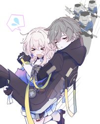  >_< 1boy 1girl 3others axe badge battle_axe black_boots black_choker black_gloves black_jacket black_pants blue_jacket blue_skirt boots caelus_(honkai:_star_rail) carrying chain choker closed_eyes collarbone earrings feet_out_of_frame fingerless_gloves flying_sweatdrops gloves gold_chain grey_hair hair_between_eyes hand_on_another's_shoulder hand_up hands_up helmet high_heel_boots high_heels highres holding holding_axe holding_weapon honkai:_star_rail honkai_(series) hood hooded_jacket jacket jewelry long_sleeves march_7th_(honkai:_star_rail) march_7th_(preservation)_(honkai:_star_rail) multiple_others open_clothes open_jacket open_mouth pants pink_hair pleated_skirt pocket_watch princess_carry running shadow shirt short_hair sidelocks simple_background single_earring skirt sleeping socks speech_bubble spoken_sweatdrop sweat sweatdrop trailblazer_(honkai:_star_rail) watch weapon white_background white_gloves white_shirt white_socks yy_bnd 