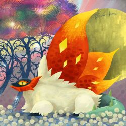  bug cross-shaped_pupils green_tail highres insect_wings moth no_humans orange_wings pokemon pokemon_(creature) pokemon_focus rumiko_(vertlapin96) slither_wing symbol-shaped_pupils tail white_fur wings yellow_eyes 
