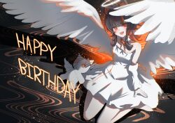  1girl :d absurdres ahoge alternate_costume angel_wings animal_ear_headphones animal_ears arm_warmers black_hair bow bowtie cat_ear_headphones cat_ears collar crydel detached_collar dress eyeball_hair_ornament fake_animal_ears full_body happy_birthday headphones highres looking_at_viewer mahou_shoujo_no_majo_saiban multicolored_hair open_mouth orange_bow orange_bowtie orange_eyes orange_streaks sawatari_coco sharp_teeth short_hair sitting smile solo strapless strapless_dress streaked_hair stuffed_animal stuffed_cat stuffed_toy teeth wariza white-framed_eyewear white_arm_warmers white_collar white_dress wings 