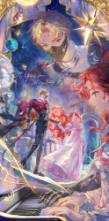  1boy 1girl absurdres belt black_boots black_jacket black_pants blonde_hair blue_eyes boots commission curtained_hair dress earth_(planet) floating_hair frilled_sleeves frills highres holding holding_hands holding_sword holding_weapon instrument jacket juliet_sleeves long_dress long_hair long_sleeves mask mihuashi_commission mouth_mask multiple_views night orange_eyes original pants piano pink_belt planet playing_instrument puffy_sleeves red_hair shirt short_hair sky small_stellated_dodecahedron square_neckline stairs star_(sky) starry_sky sword very_long_hair weapon white_dress white_shirt xingkong_lin_rainlin 