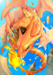 absurdres blue_eyes blue_sky charizard claws fangs fire flame-tipped_tail flying heping_zhongjie_shang highres mega_charizard_y mega_pokemon no_humans pokemon pokemon_(creature) scar scar_across_eye scar_on_face signature sky solo tail 