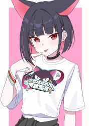  1girl absurdres animal_ears birthday black_choker black_hair blue_archive border cat_ears cat_girl choker colored_inner_hair commentary_request cowboy_shot ear_piercing extra_ears halo hand_up highres kazusa_(band)_(blue_archive) kazusa_(blue_archive) kiryo_(fcu4an) looking_at_viewer multicolored_hair off_shoulder official_alternate_costume outside_border piercing pink_background pink_hair print_shirt red_eyes shirt short_hair simple_background solo standing tongue tongue_out white_border white_shirt wristband 
