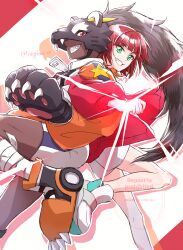  2girls animal_hands animal_helmet back-to-back bandaged_leg bandages bearcatmon black_gloves black_helmet blunt_bangs boots brown_hair clawed_gloves commentary_request dark-skinned_female dark_skin digimon digimon_(creature) digimon_beatbreak fang gloves glowing glowing_hand green_eyes grin helmet highres jacket locked_arms long_hair long_sleeves looking_at_viewer multicolored_hair multicolored_jacket multiple_girls open_clothes open_jacket orange_boots orange_hair orange_sleeves paw_gloves red_eyes red_jacket roller_skates saku_teru sakuya_reina sharp_teeth shoes shorts sidelocks skates smile spiked_gloves standing standing_on_one_leg star_(symbol) star_print teeth twitter_username two-tone_hair two-tone_jacket very_dark_skin very_long_hair watermark white_jacket white_shoes white_shorts zipper_pull_tab 