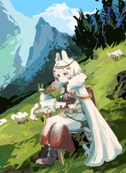  1girl absurdres ahoge animal_ears armor blonde_hair blue_sky blush boots brown_boots cape chair closed_mouth commentary crossed_bangs day english_commentary gauntlets gradient_hair grass hair_ornament head_chain heart heart_hair_ornament highres holding holding_sword holding_weapon jewelry long_hair mountain multicolored_hair oekaki outdoors phase_connect pipkin_pippa rabbit rabbit_ears rabbit_girl red_eyes red_hair sad sheep sidelocks sitting sky sword tabard tree uwquarii weapon white_cape 