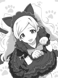  1girl animal_ears asymmetrical_bangs bow bowtie cat_ears cat_tail collarbone curtained_hair dot_nose dress emily_stewart eyelashes fluffy_hair frilled_dress frilled_wrist_cuffs frills greyscale headdress highres idolmaster idolmaster_million_live! international_cat_day looking_at_viewer matcha_kingyo monochrome open_mouth parted_bangs paw_pose paw_print paw_print_background smile solo tail twintails white_background wrist_cuffs 