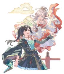  2girls 6th_live_dream_~bloom_garden_party~ bare_shoulders black_kimono blue_eyes ceras_yanagida_lilienfeld collarbone commentary_request cropped_legs detached_sleeves dress edel_note flower_stand_art green_shirt grey_hair hadanugi_dousa hair_bun hair_ornament highres japanese_clothes katsuragi_izumi kimono looking_at_another love_live! love_live!_hasu_no_sora_jogakuin_school_idol_club multiple_girls nna_saku24820 open_mouth orange_eyes ponytail shirt simple_background single_hair_bun sleeveless sleeveless_dress sleeveless_shirt slit_pupils taking_another's_hand tenchi_reimei virtual_youtuber white_background white_dress 